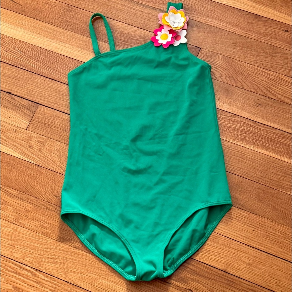 Mini Boden 9-10Y Green One -Piece Flutter Flower Swimsuit